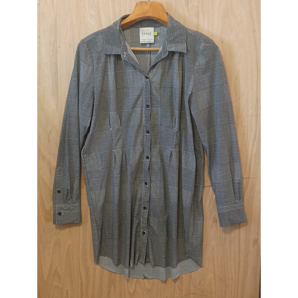 Lysse Womens Glen Plaid Button Down Tunic Shirt Black White Stretch Size L